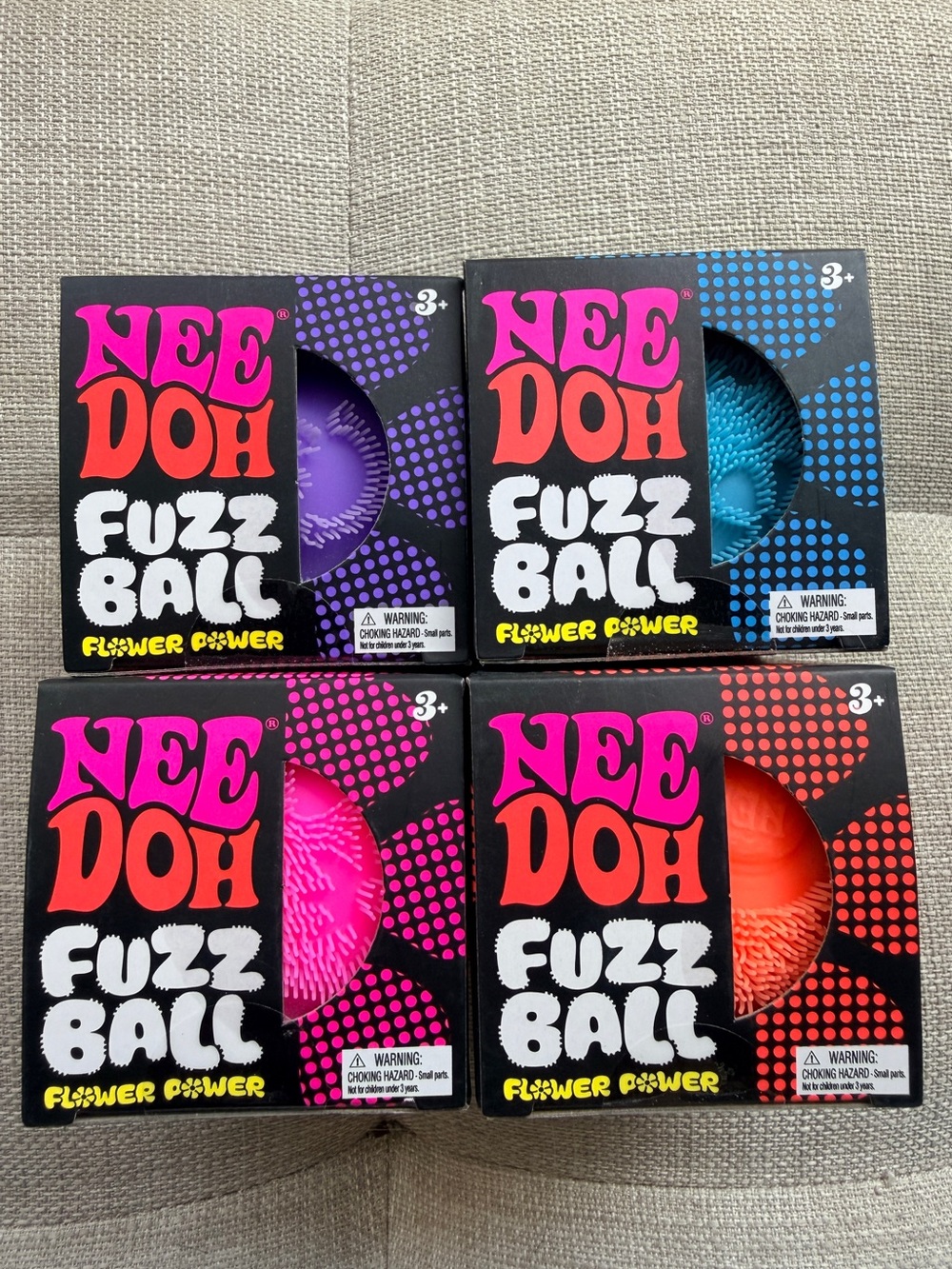 NEEDOH- Flower Power Fuzz Ball Bundle 4 Pink Orange Blue Purple NEW! Authentic
